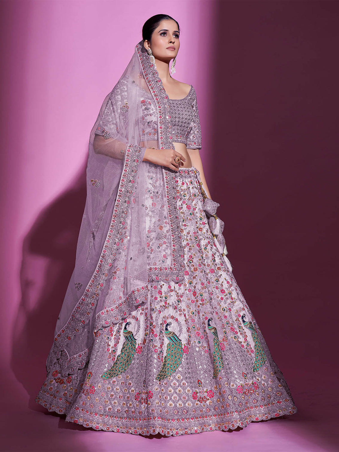 Purple Net Embroidered Semi Stitched Lehenga With Unstitched Blouse