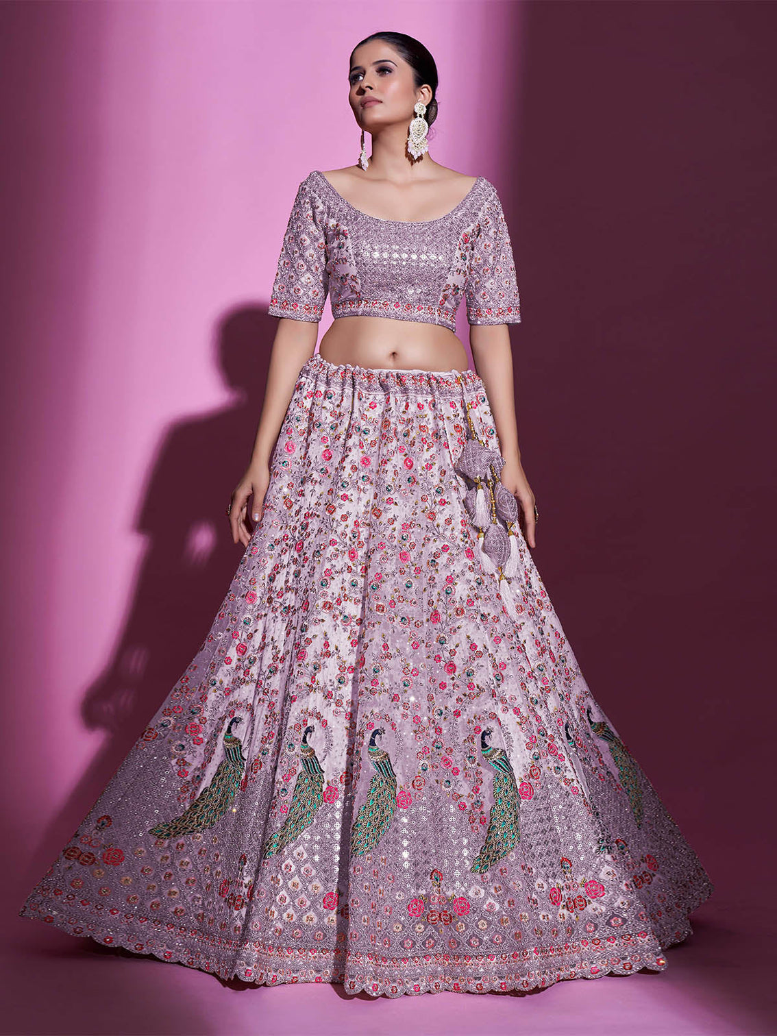 Purple Net Embroidered Semi Stitched Lehenga With Unstitched Blouse