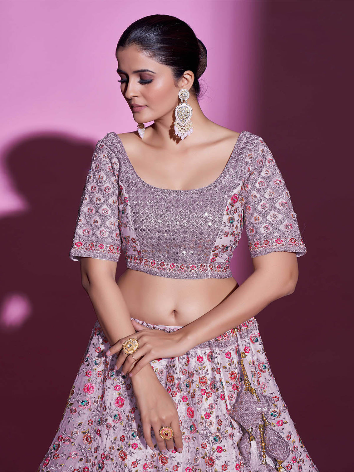 Purple Net Embroidered Semi Stitched Lehenga With Unstitched Blouse