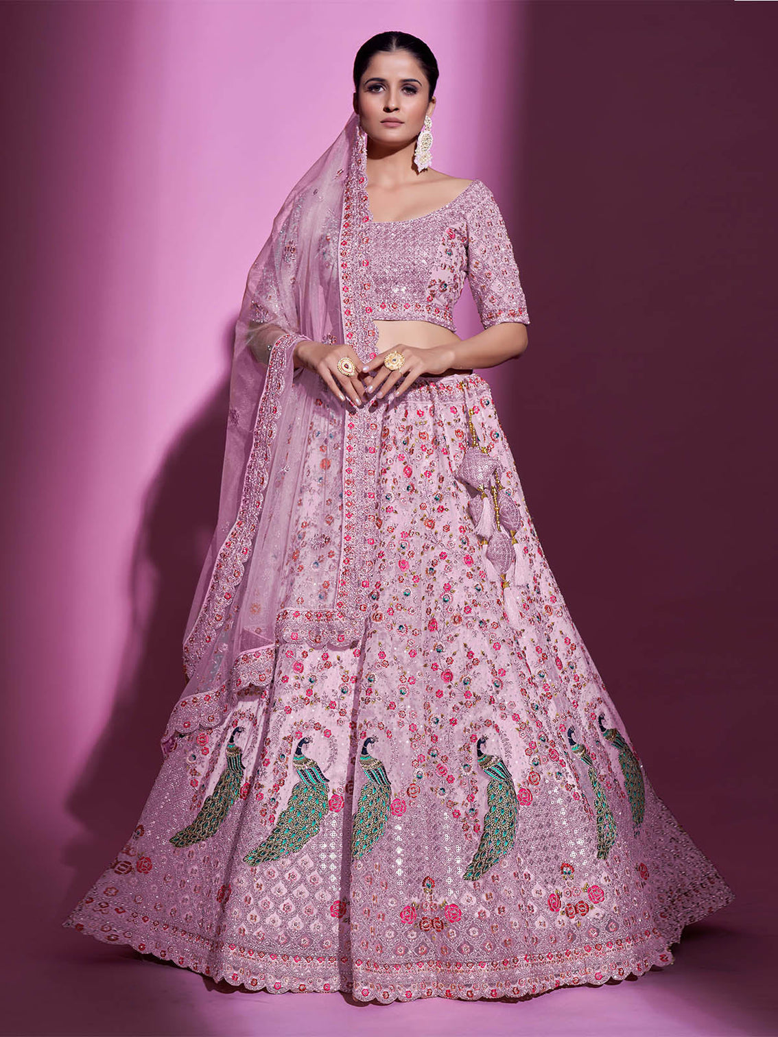 Peach Net Embroidered Semi Stitched Lehenga With Unstitched Blouse
