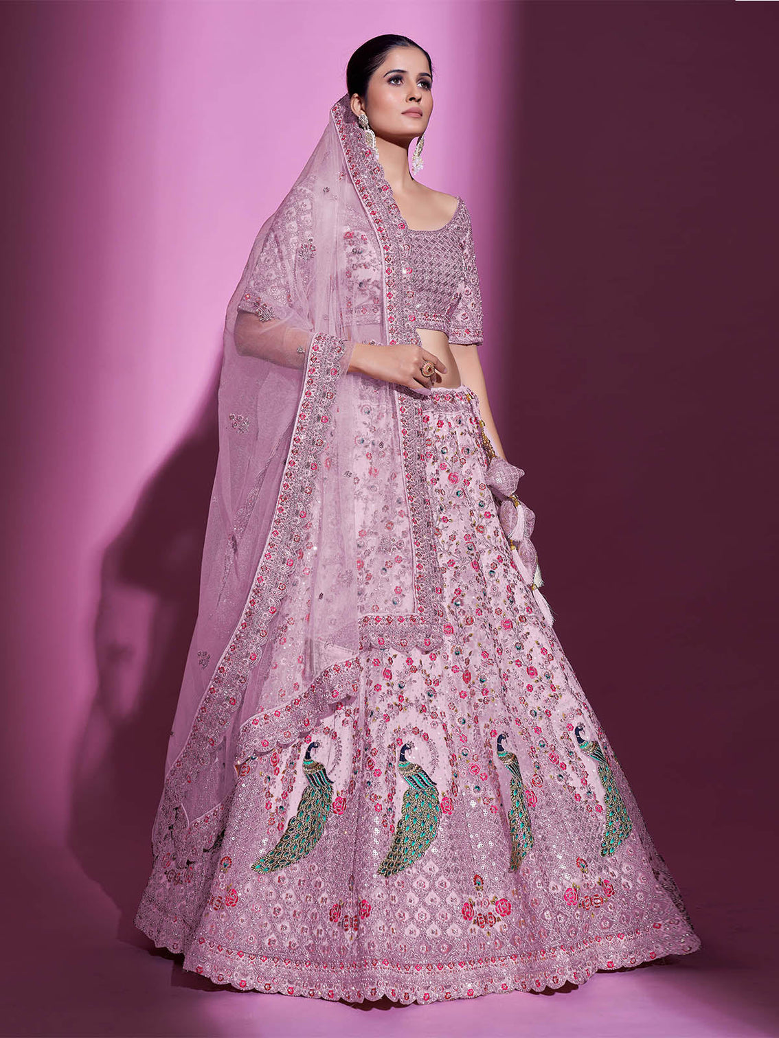 Peach Net Embroidered Semi Stitched Lehenga With Unstitched Blouse