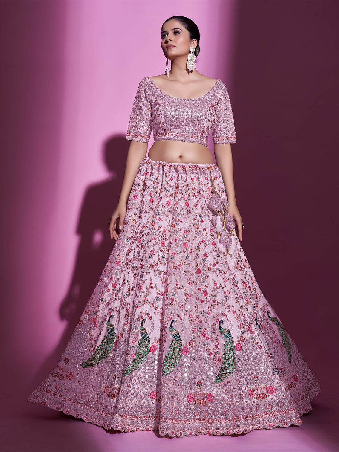 Peach Net Embroidered Semi Stitched Lehenga With Unstitched Blouse
