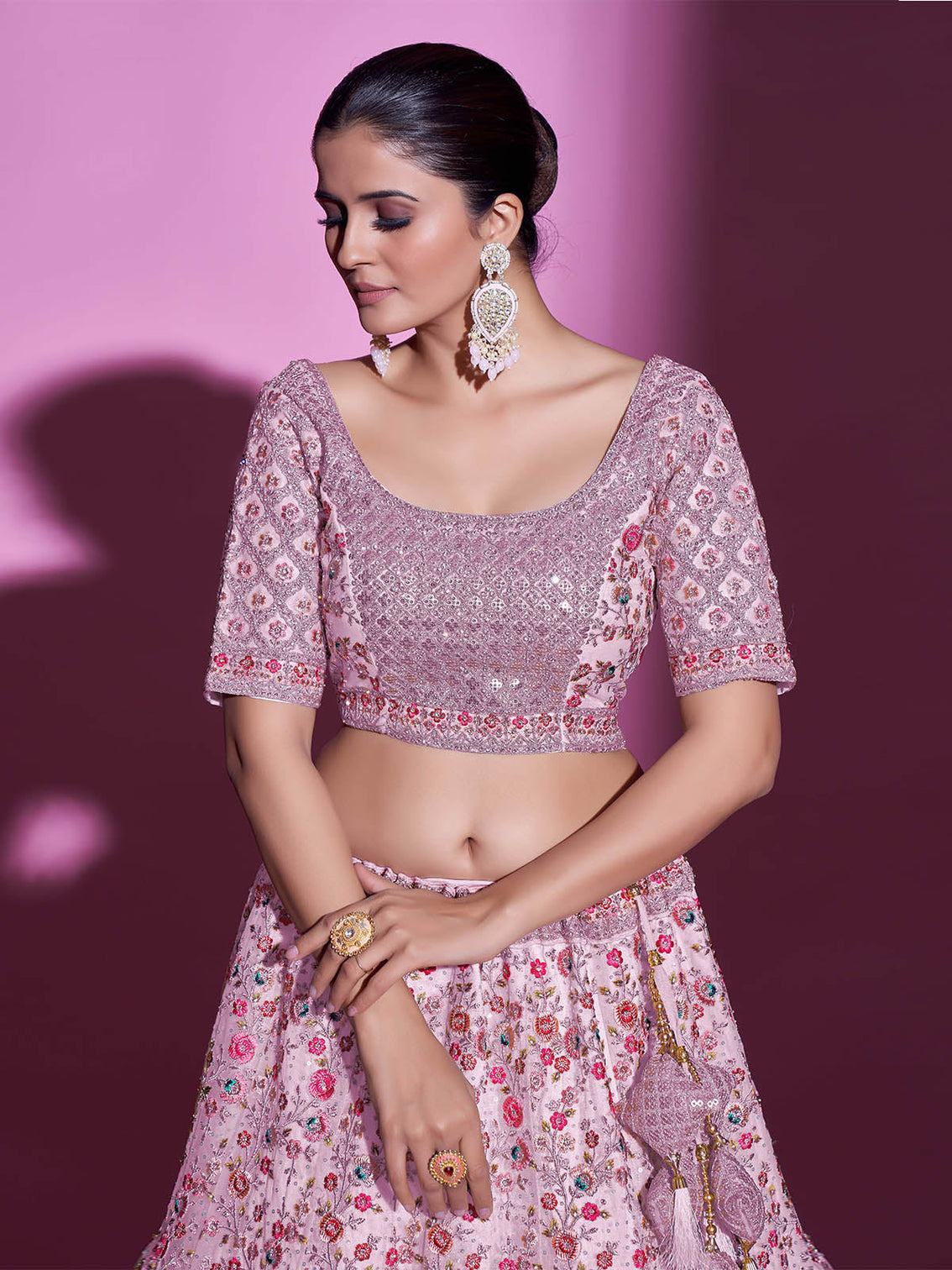 Peach Net Embroidered Semi Stitched Lehenga With Unstitched Blouse