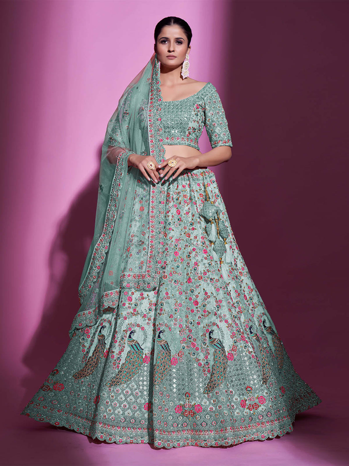 Sea Green Net Embroidered Semi Stitched Lehenga With Unstitched Blouse