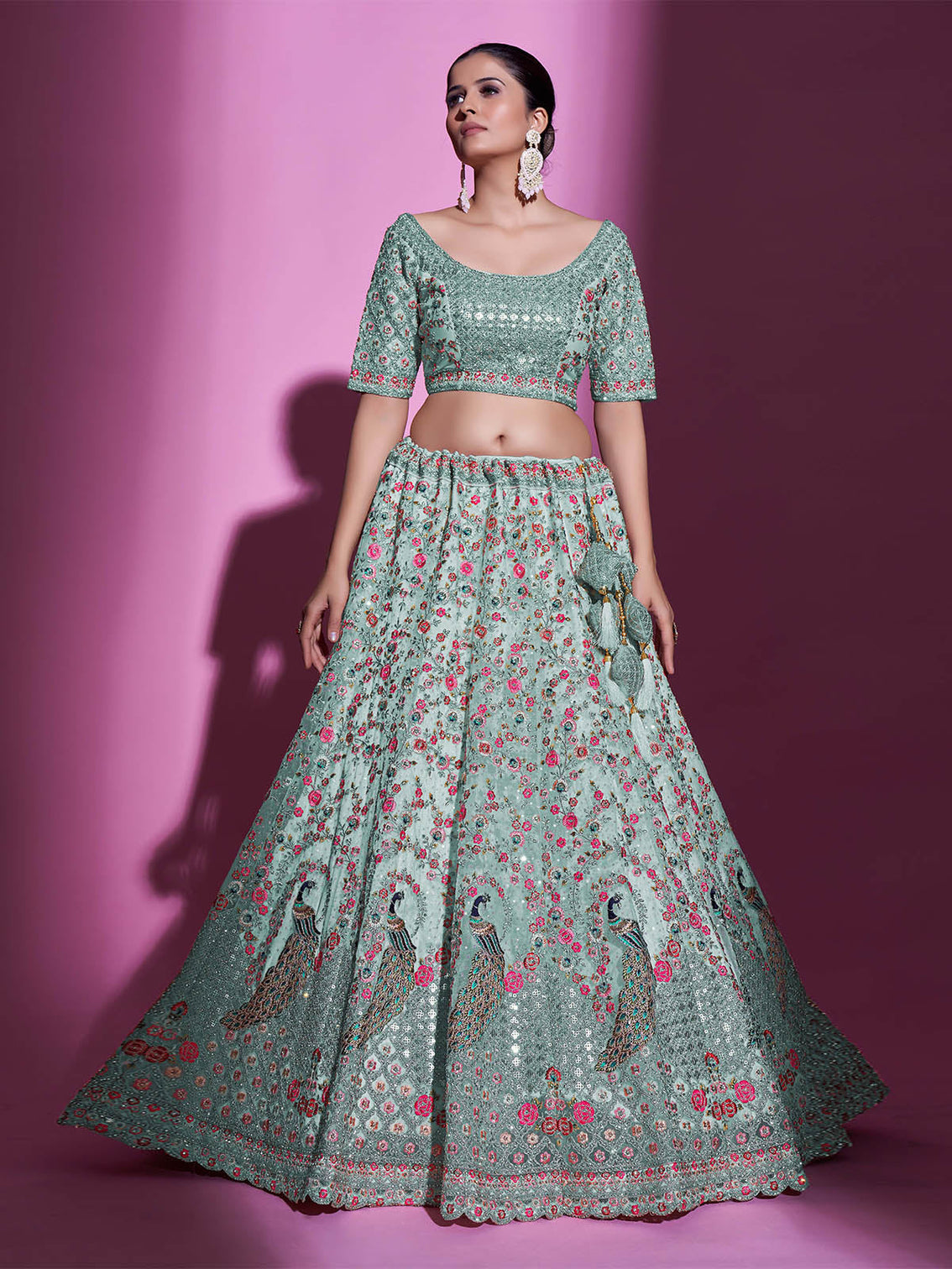 Sea Green Net Embroidered Semi Stitched Lehenga With Unstitched Blouse
