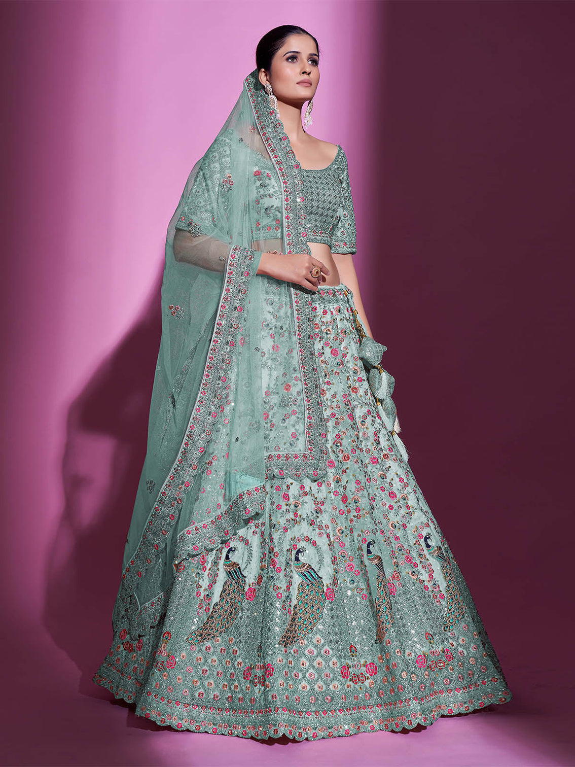 Sea Green Net Embroidered Semi Stitched Lehenga With Unstitched Blouse