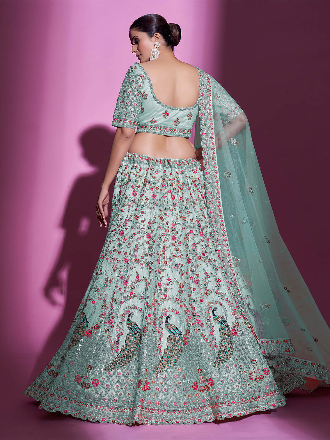 Sea Green Net Embroidered Semi Stitched Lehenga With Unstitched Blouse