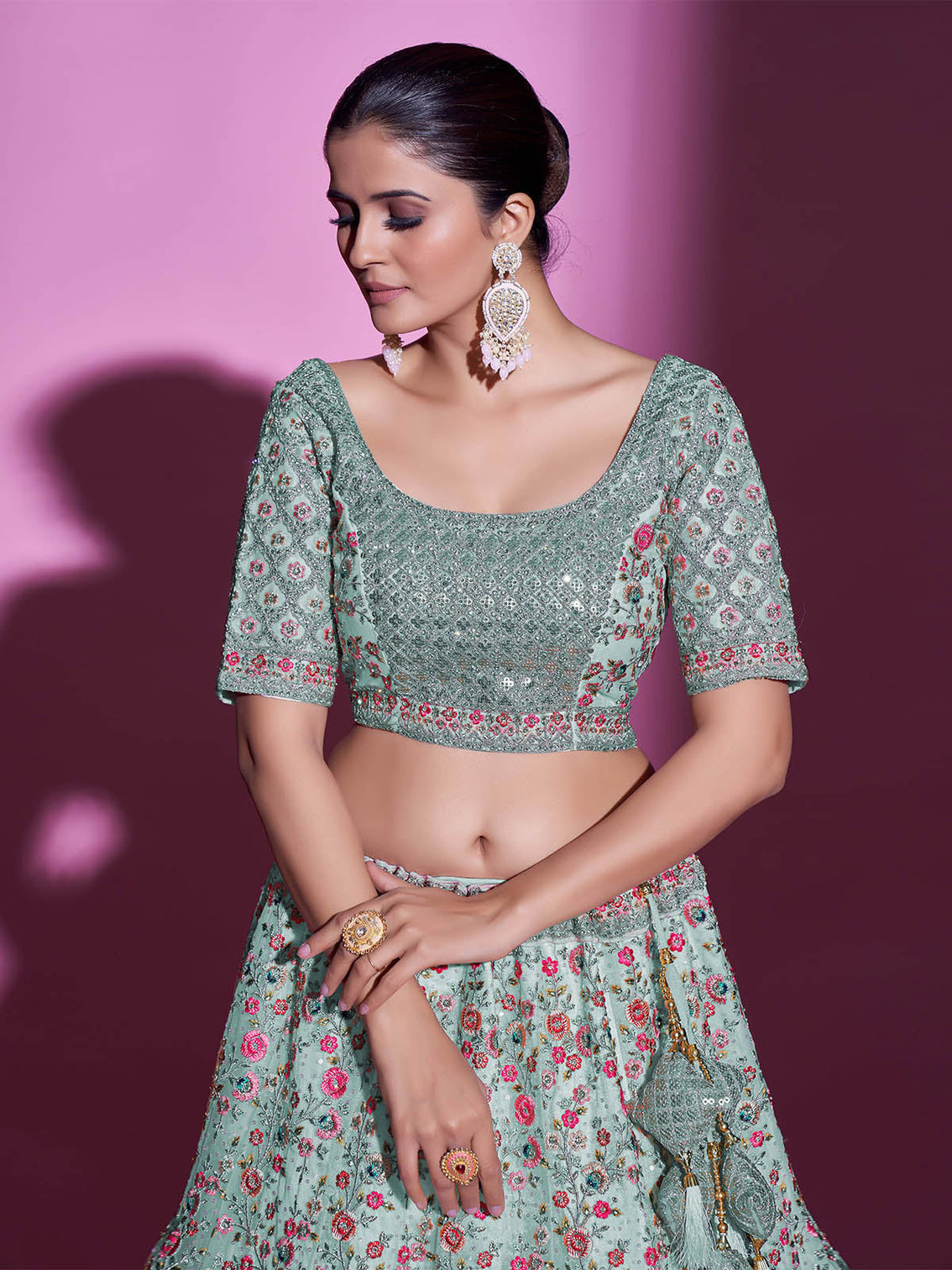 Sea Green Net Embroidered Semi Stitched Lehenga With Unstitched Blouse
