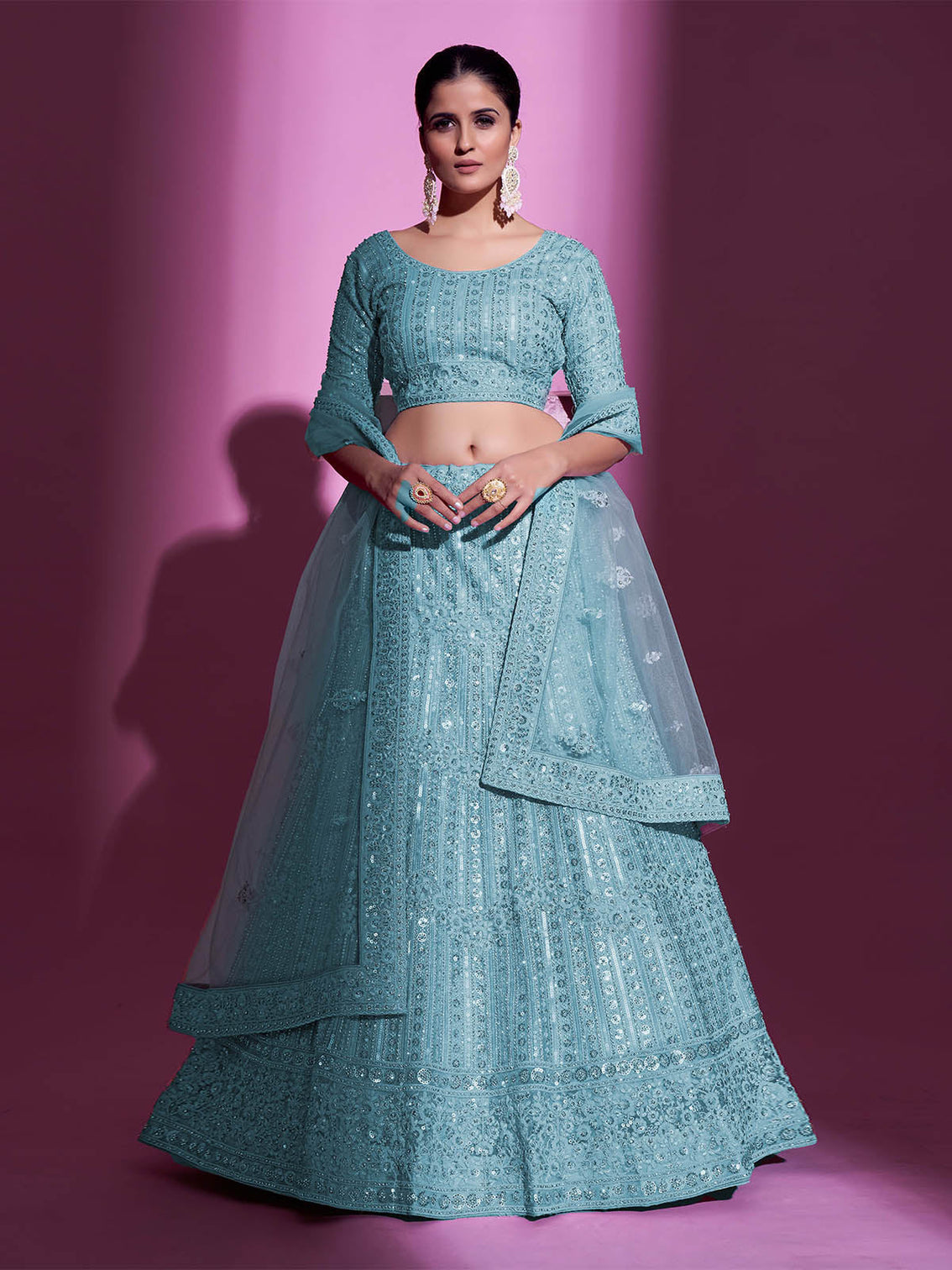 Blue Net Embroidered Semi Stitched Lehenga With Unstitched Blouse