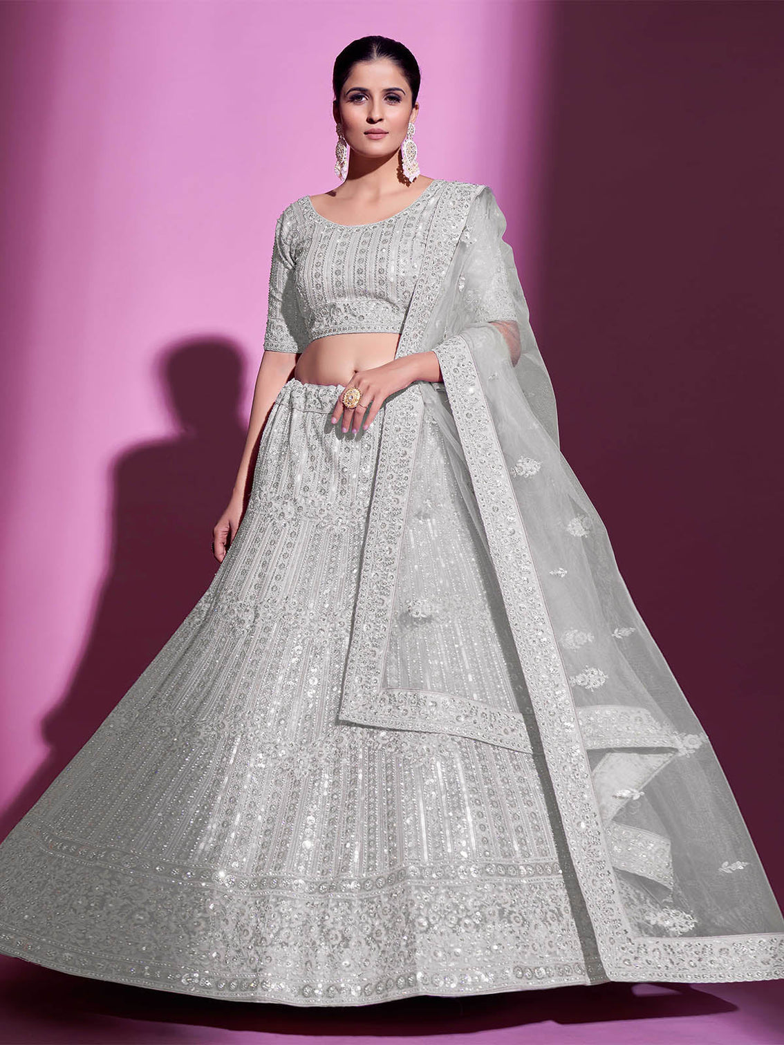 White Net Embroidered Semi Stitched Lehenga With Unstitched Blouse