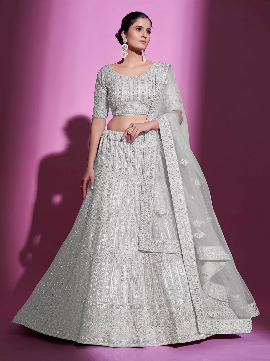 White Net Embroidered Semi Stitched Lehenga With Unstitched Blouse
