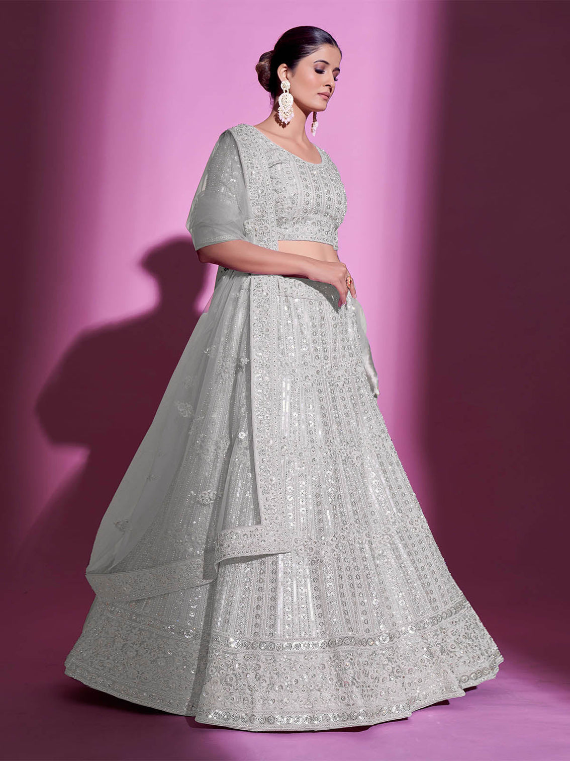 White Net Embroidered Semi Stitched Lehenga With Unstitched Blouse