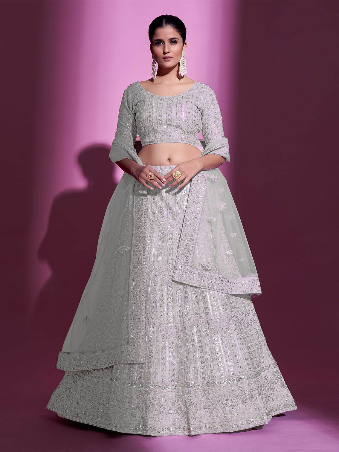 White Net Embroidered Semi Stitched Lehenga With Unstitched Blouse