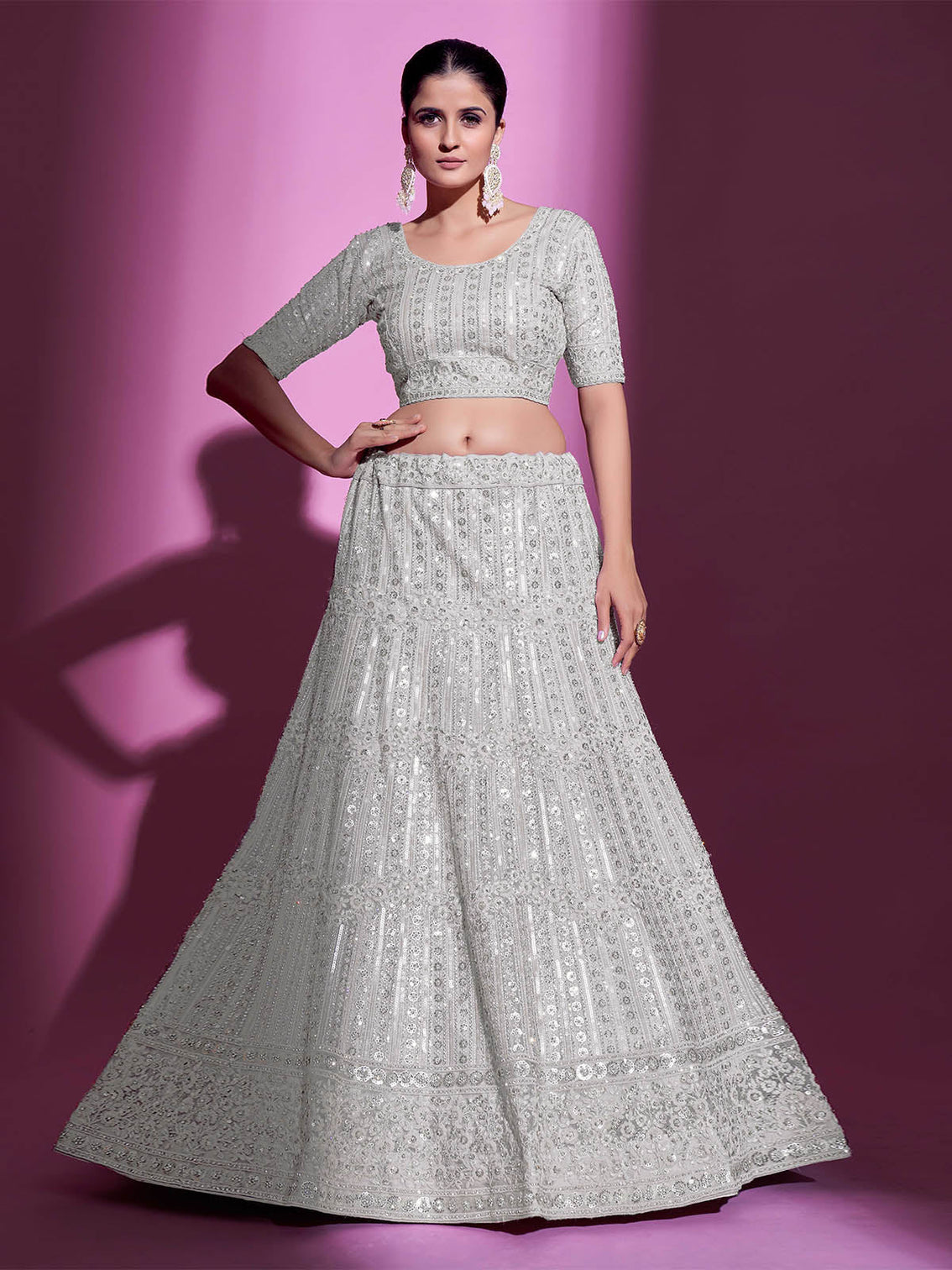 White Net Embroidered Semi Stitched Lehenga With Unstitched Blouse