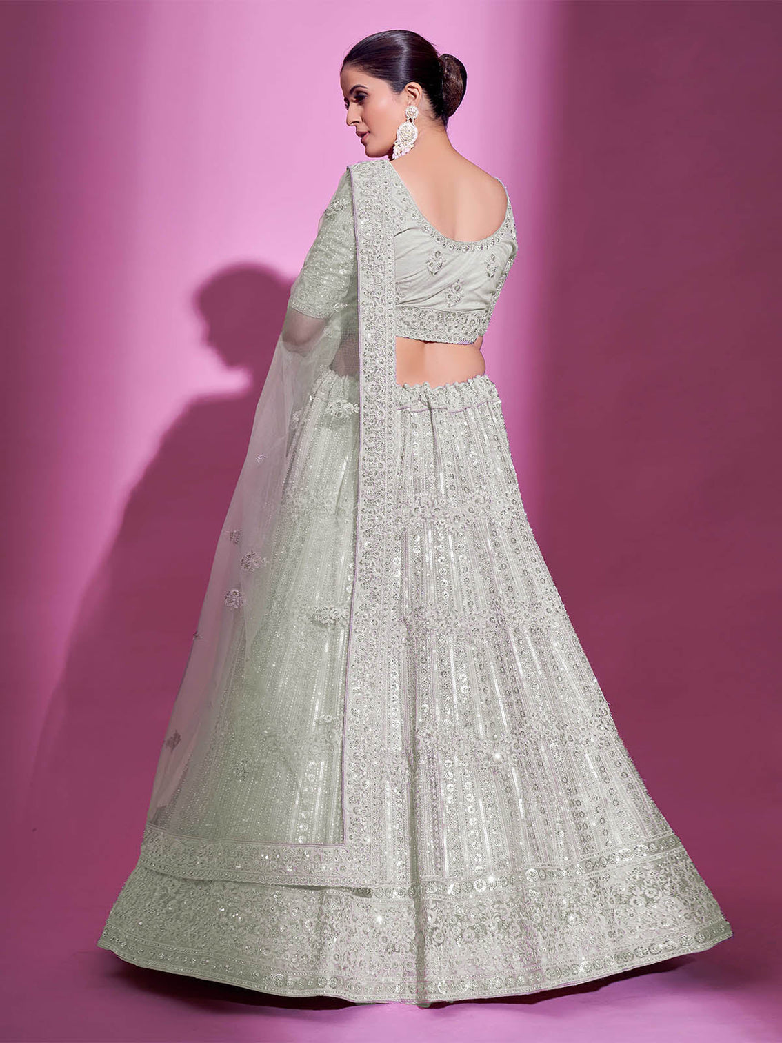 White Net Embroidered Semi Stitched Lehenga With Unstitched Blouse