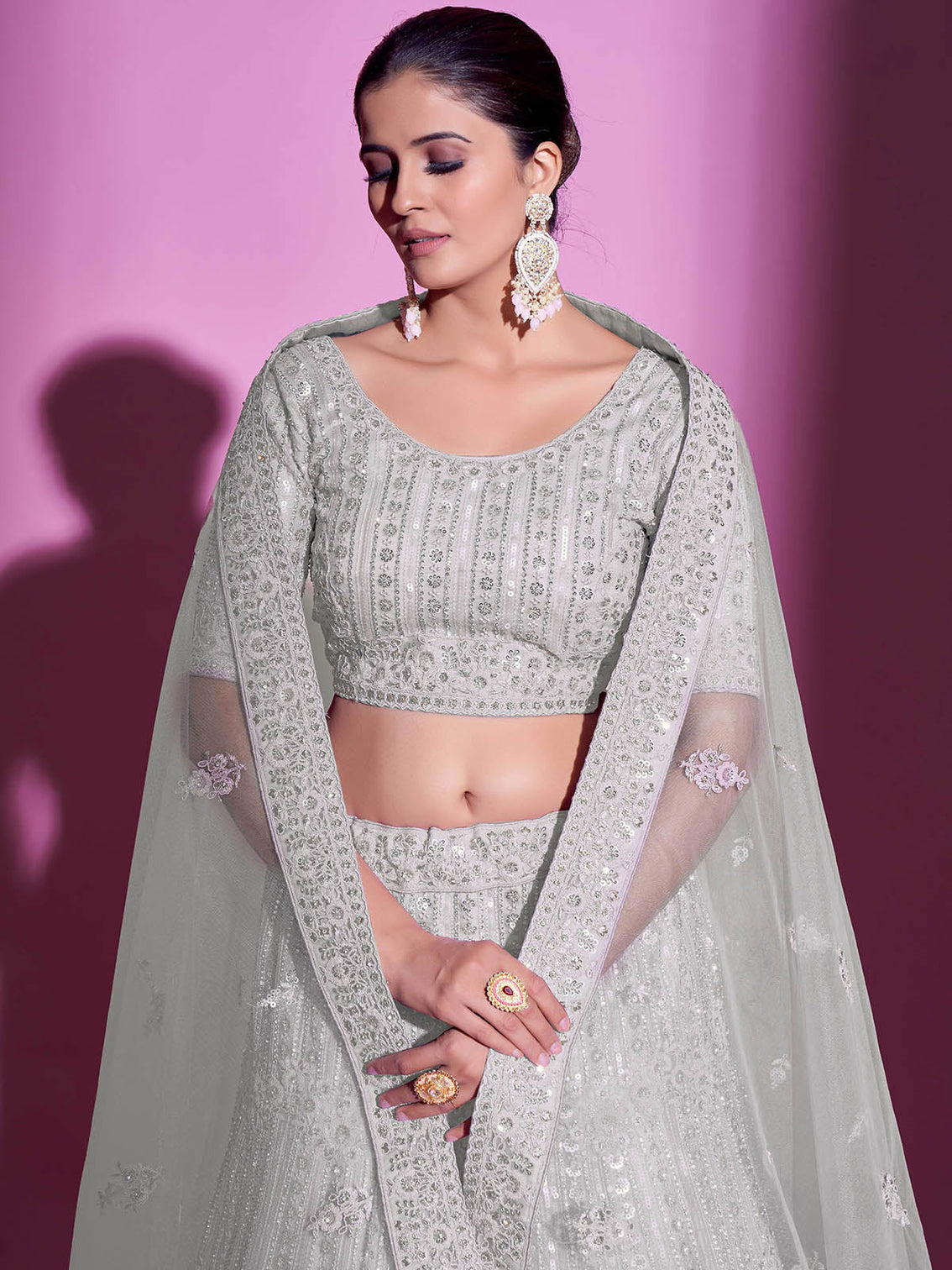 White Net Embroidered Semi Stitched Lehenga With Unstitched Blouse