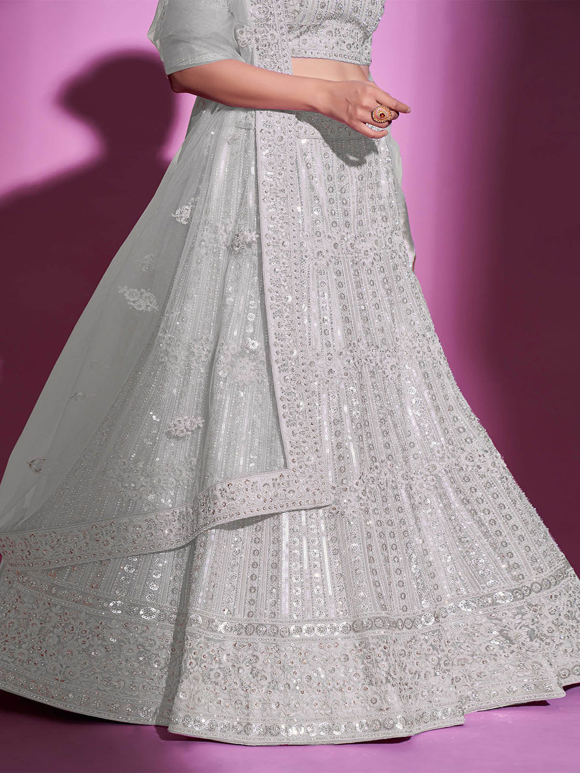 White Net Embroidered Semi Stitched Lehenga With Unstitched Blouse