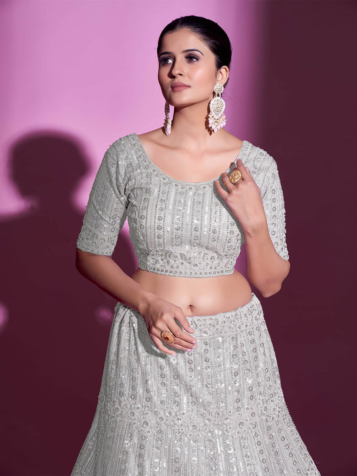 White Net Embroidered Semi Stitched Lehenga With Unstitched Blouse