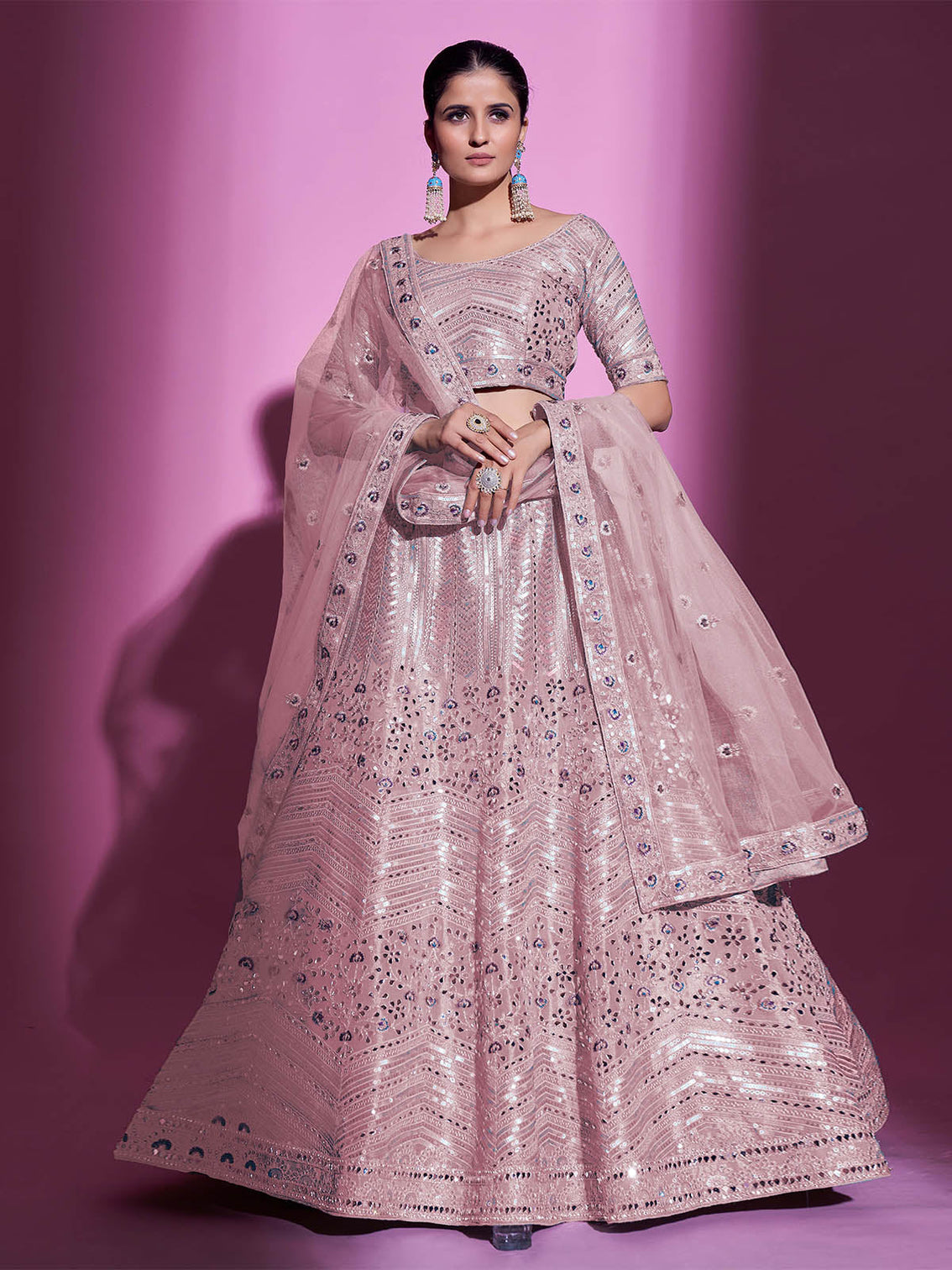 Peach Silk Blend Embroidered Semi Stitched Lehenga With Unstitched Blouse
