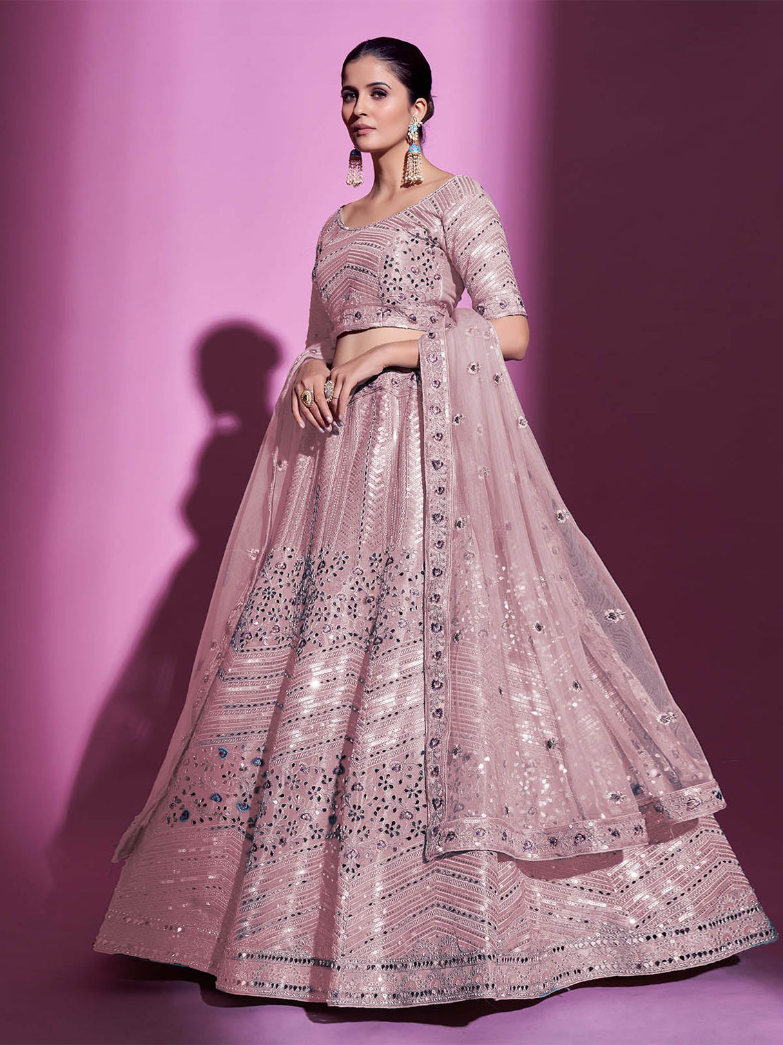 Peach Silk Blend Embroidered Semi Stitched Lehenga With Unstitched Blouse