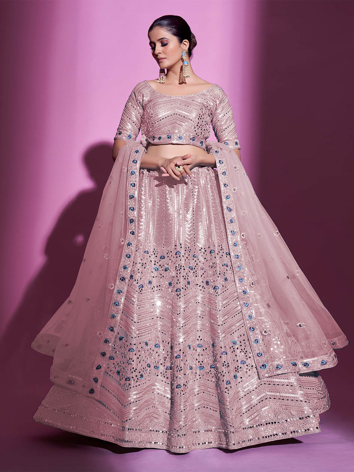 Peach Silk Blend Embroidered Semi Stitched Lehenga With Unstitched Blouse
