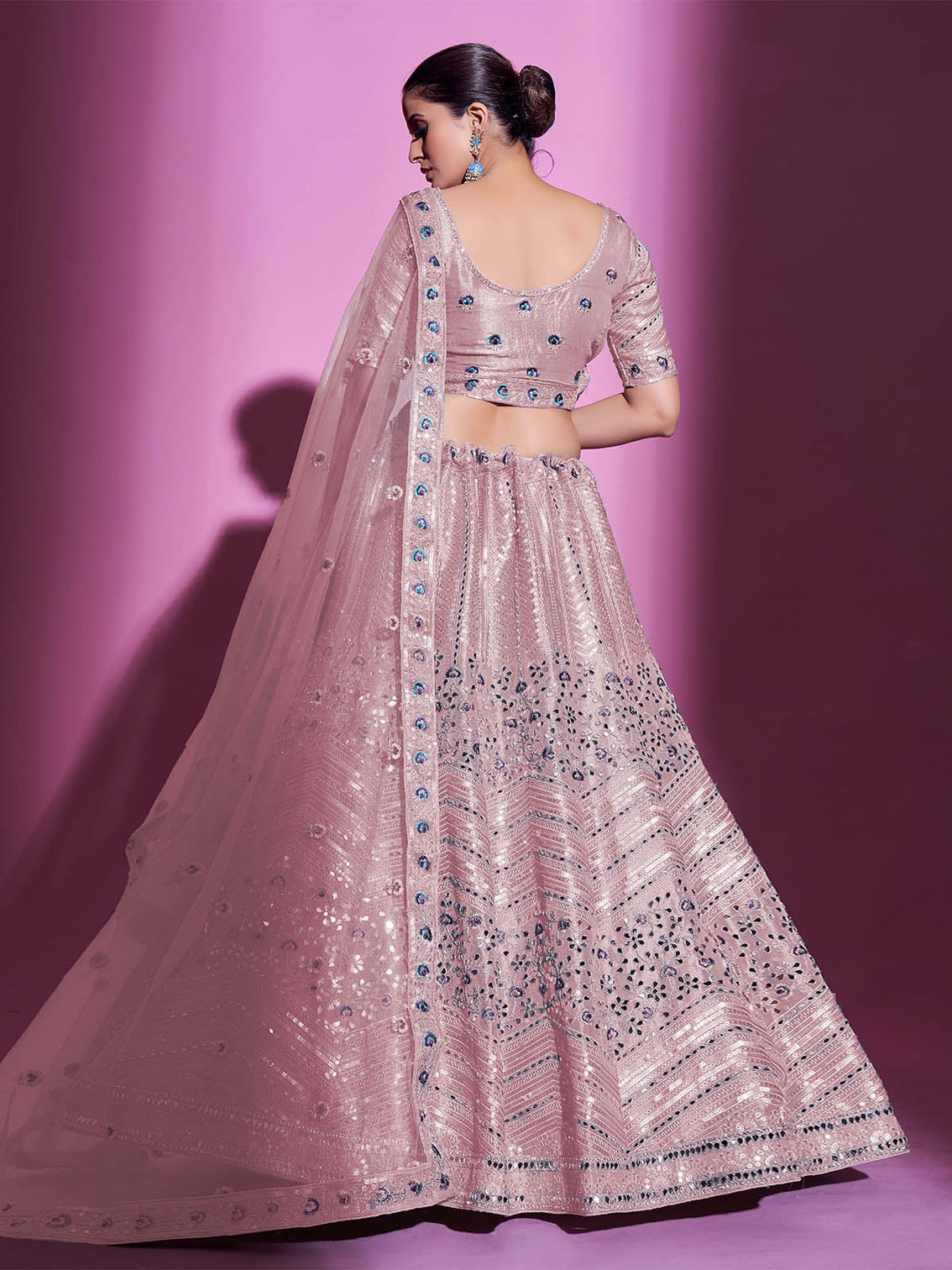 Peach Silk Blend Embroidered Semi Stitched Lehenga With Unstitched Blouse