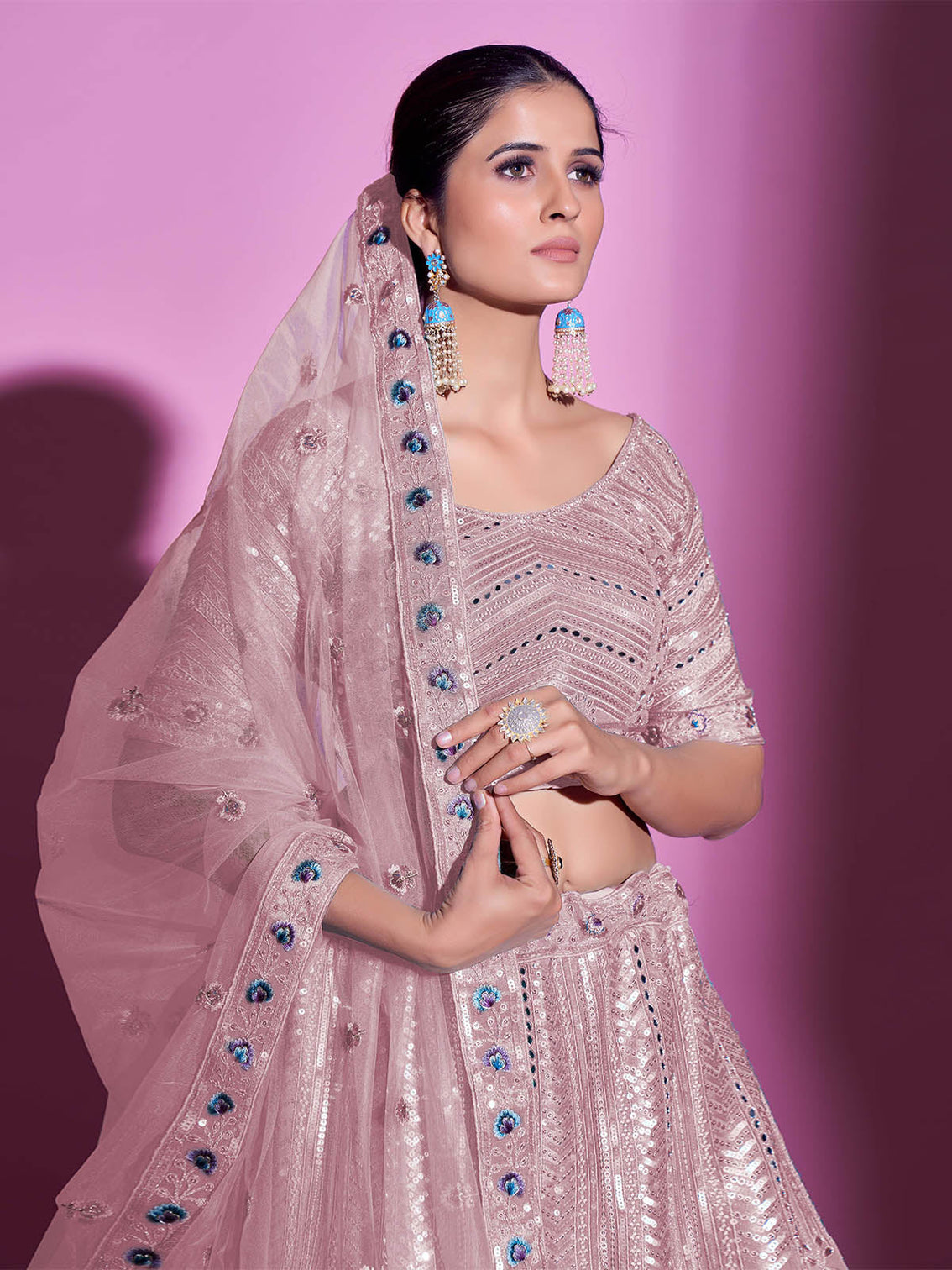 Peach Silk Blend Embroidered Semi Stitched Lehenga With Unstitched Blouse