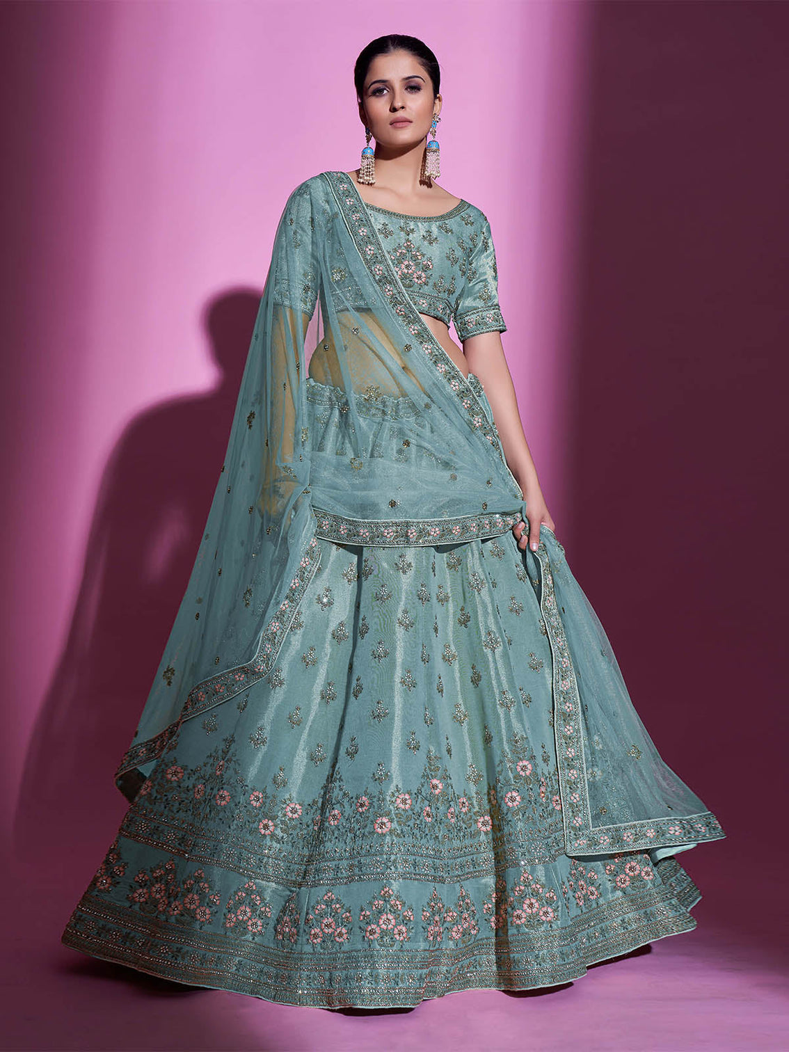 Sea Green Silk Blend Embroidered Semi Stitched Lehenga With Unstitched Blouse