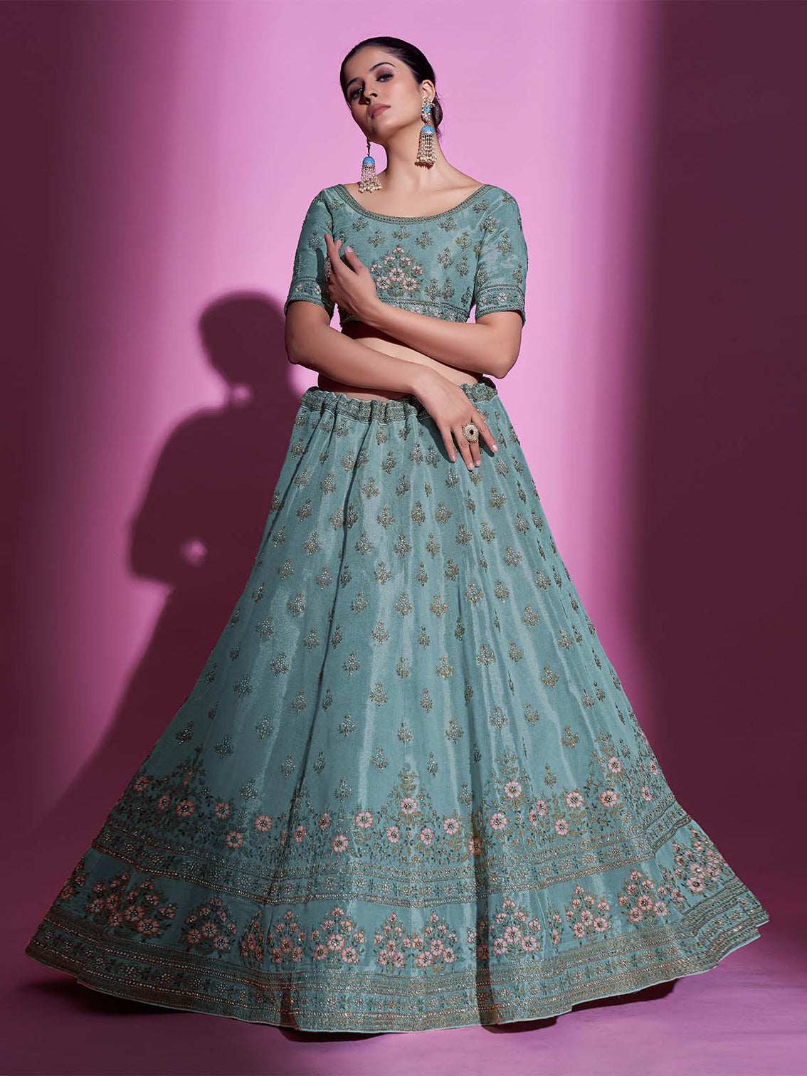 Sea Green Silk Blend Embroidered Semi Stitched Lehenga With Unstitched Blouse