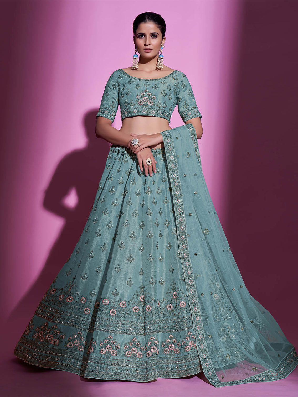 Sea Green Silk Blend Embroidered Semi Stitched Lehenga With Unstitched Blouse