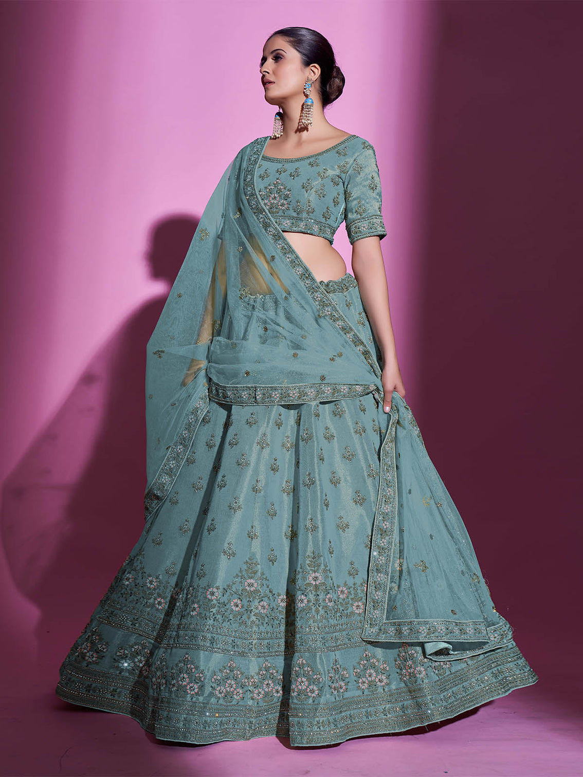 Sea Green Silk Blend Embroidered Semi Stitched Lehenga With Unstitched Blouse