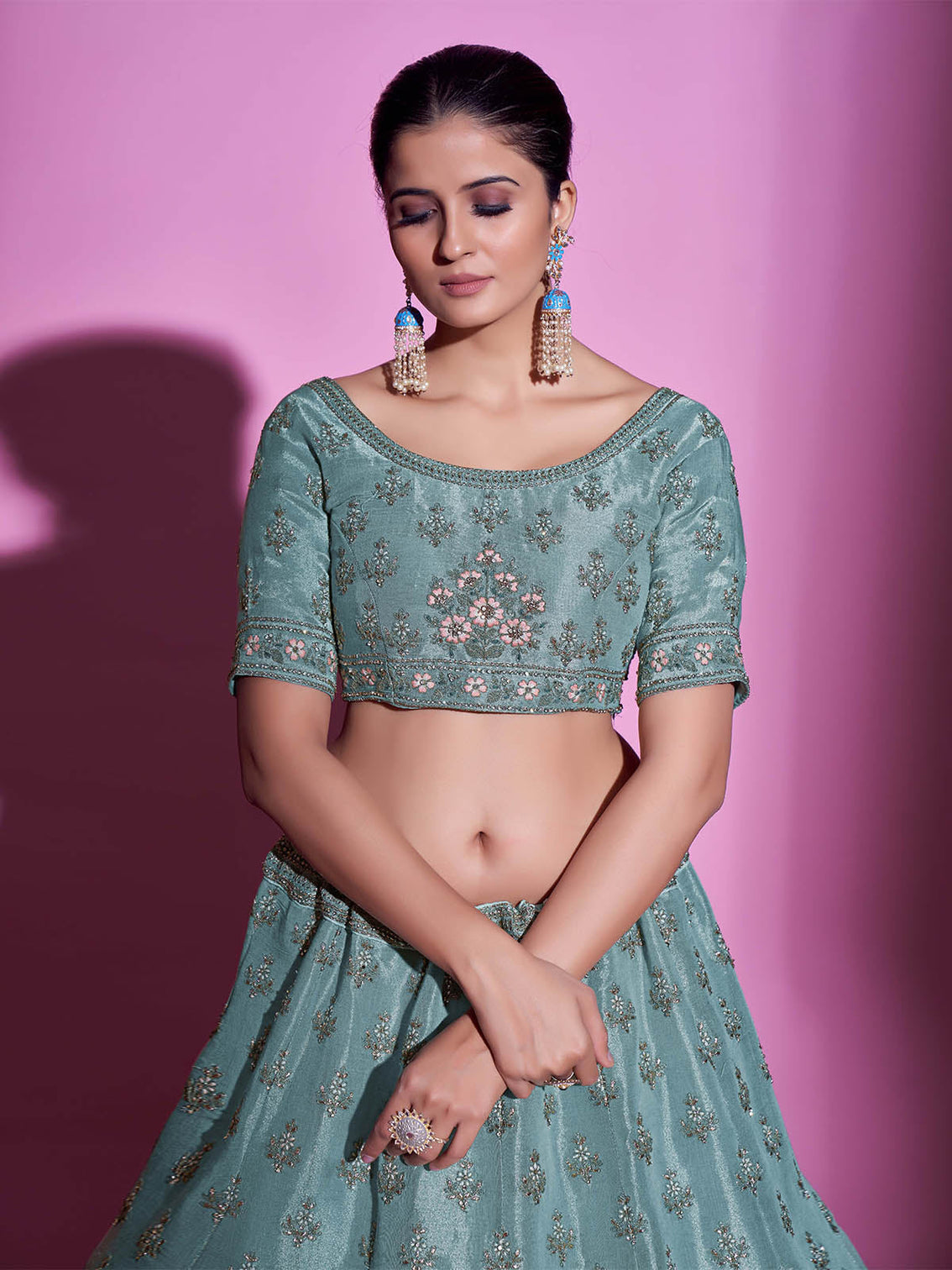 Sea Green Silk Blend Embroidered Semi Stitched Lehenga With Unstitched Blouse
