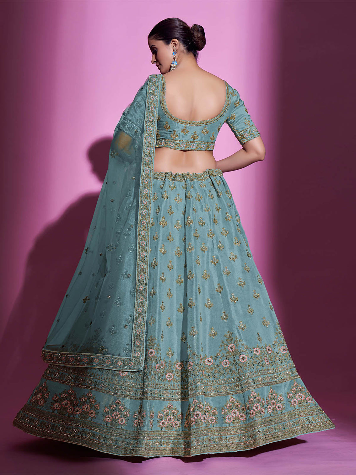 Sea Green Silk Blend Embroidered Semi Stitched Lehenga With Unstitched Blouse