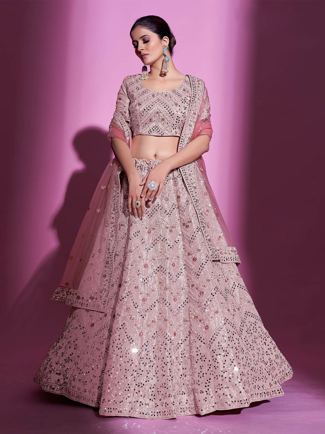 Peach Silk Blend Embroidered Semi Stitched Lehenga With Unstitched Blouse