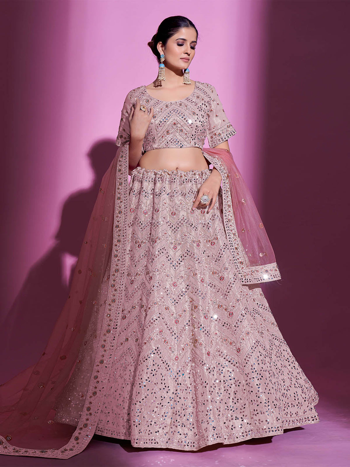 Peach Silk Blend Embroidered Semi Stitched Lehenga With Unstitched Blouse