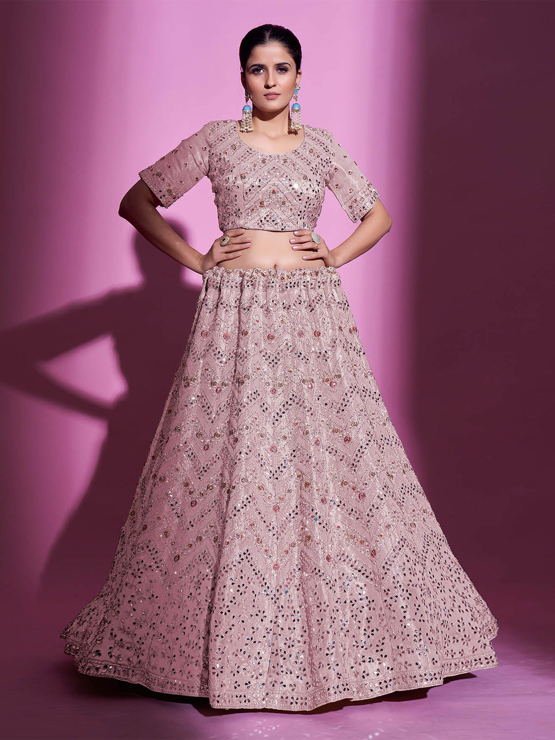 Peach Silk Blend Embroidered Semi Stitched Lehenga With Unstitched Blouse