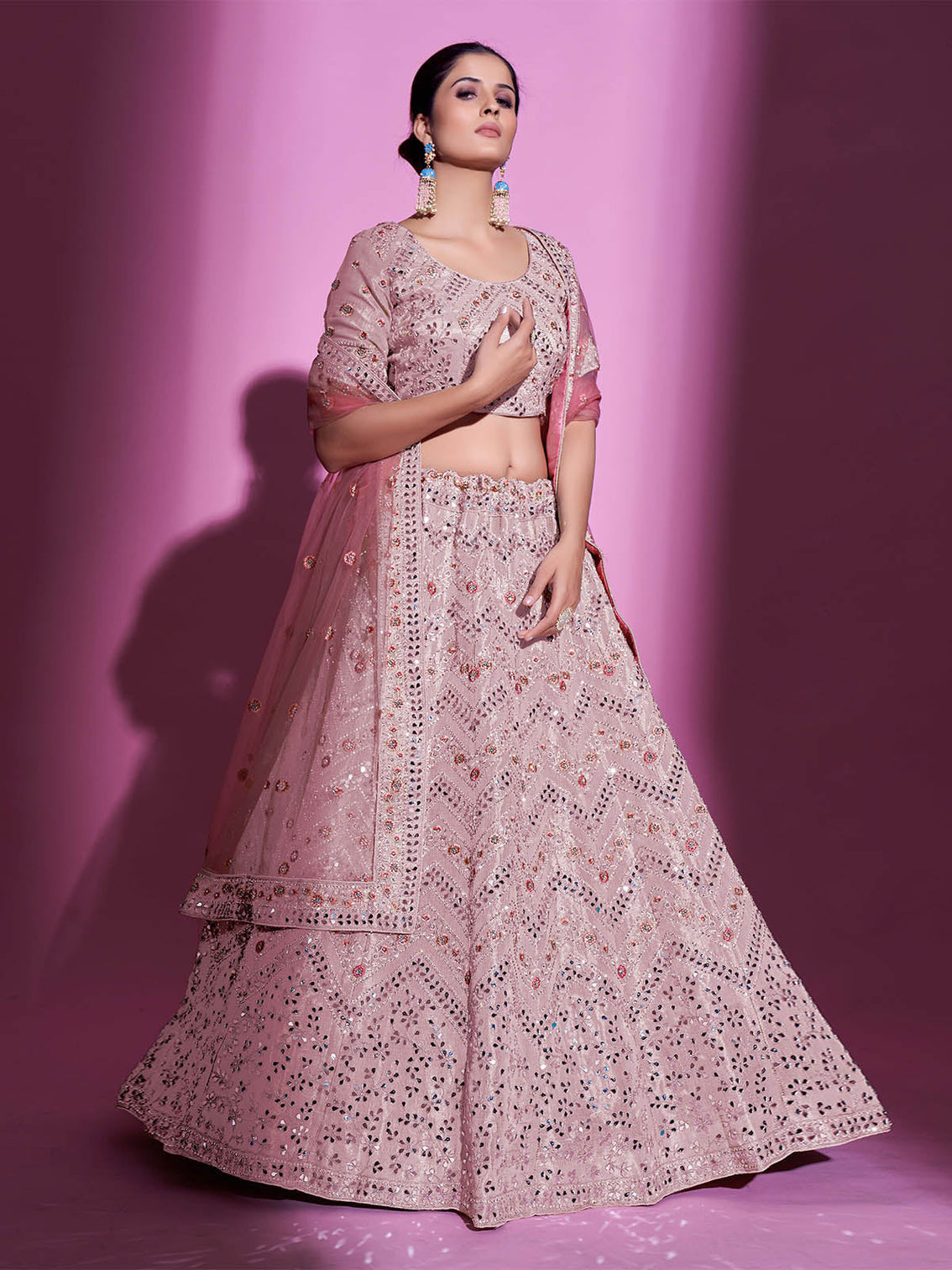 Peach Silk Blend Embroidered Semi Stitched Lehenga With Unstitched Blouse