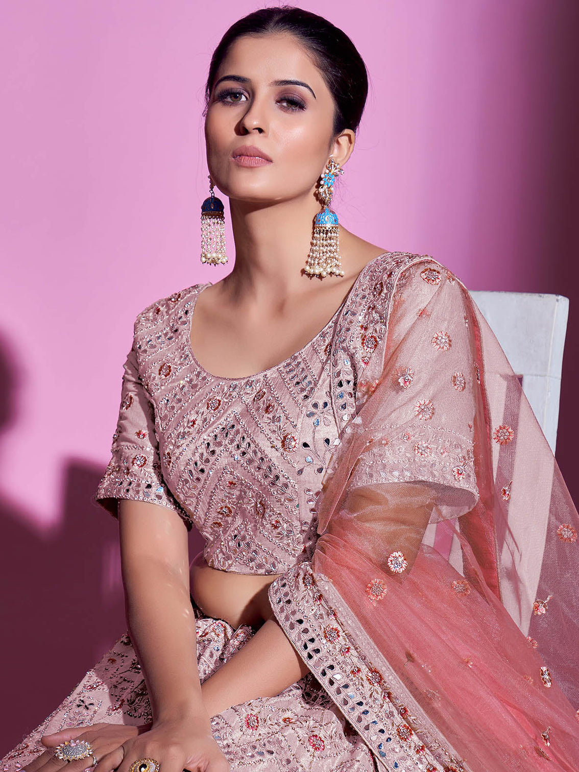 Peach Silk Blend Embroidered Semi Stitched Lehenga With Unstitched Blouse