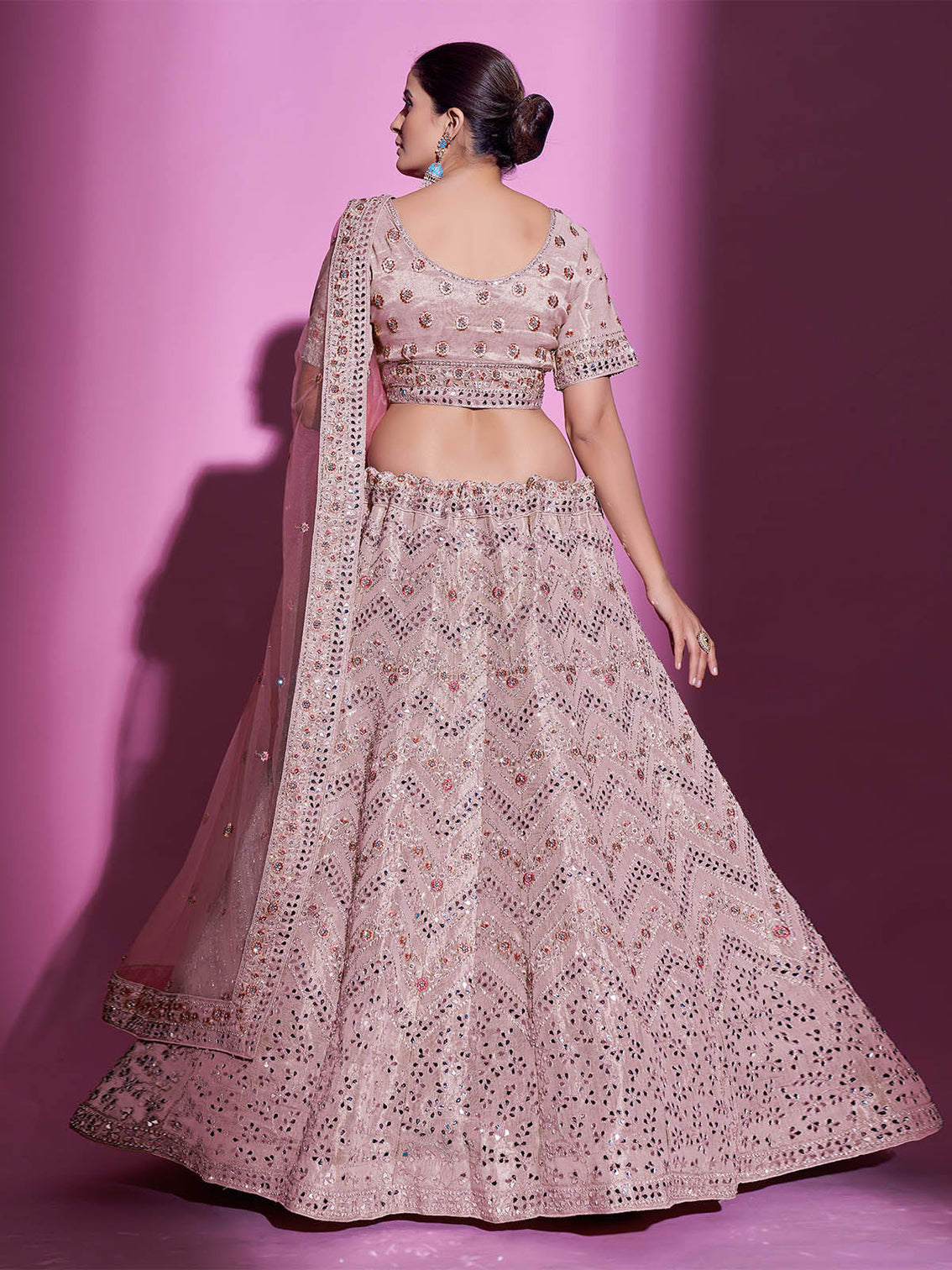 Peach Silk Blend Embroidered Semi Stitched Lehenga With Unstitched Blouse