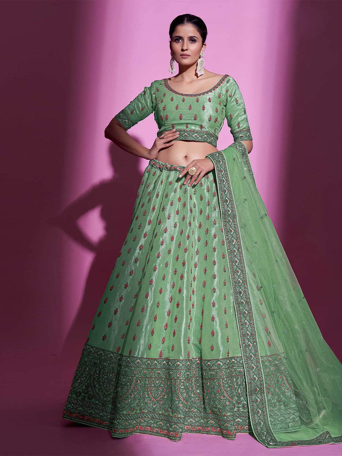 Green Silk Blend Embroidered Semi Stitched Lehenga With Unstitched Blouse