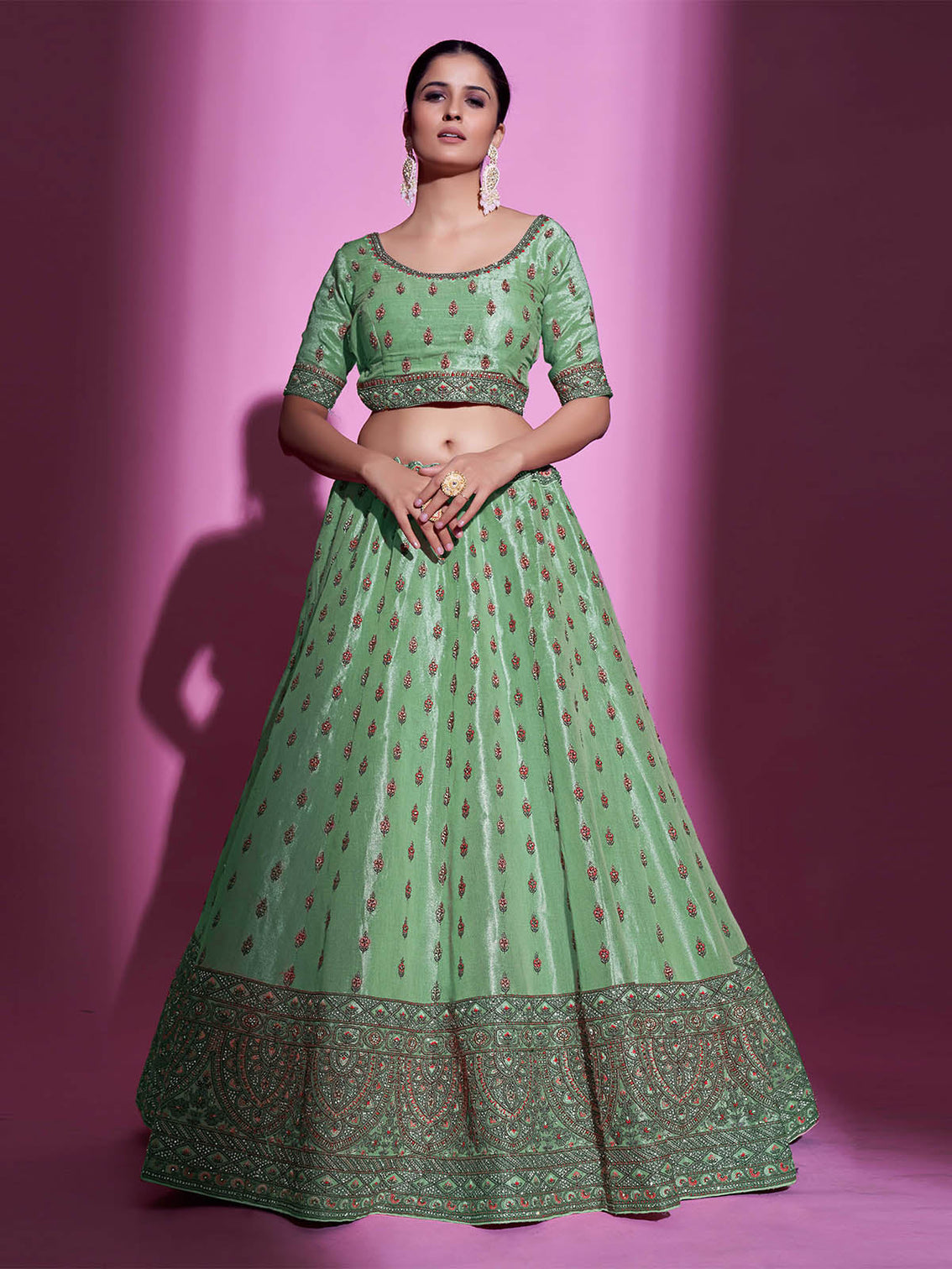Green Silk Blend Embroidered Semi Stitched Lehenga With Unstitched Blouse