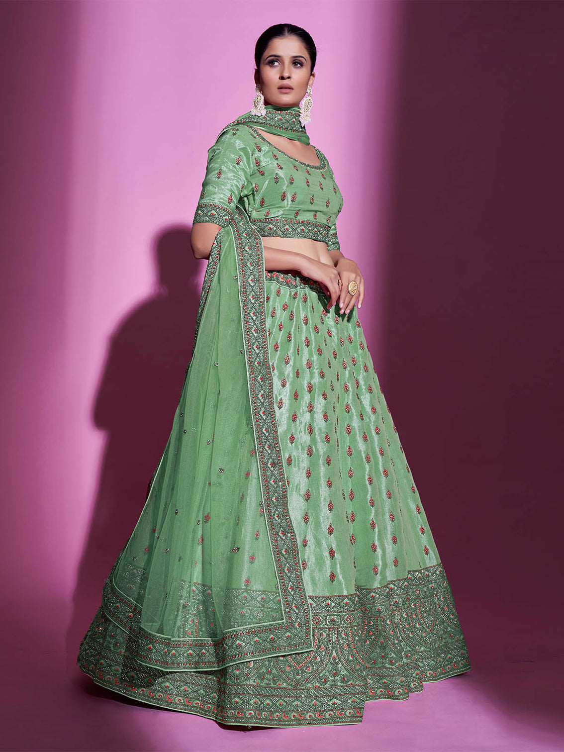 Green Silk Blend Embroidered Semi Stitched Lehenga With Unstitched Blouse