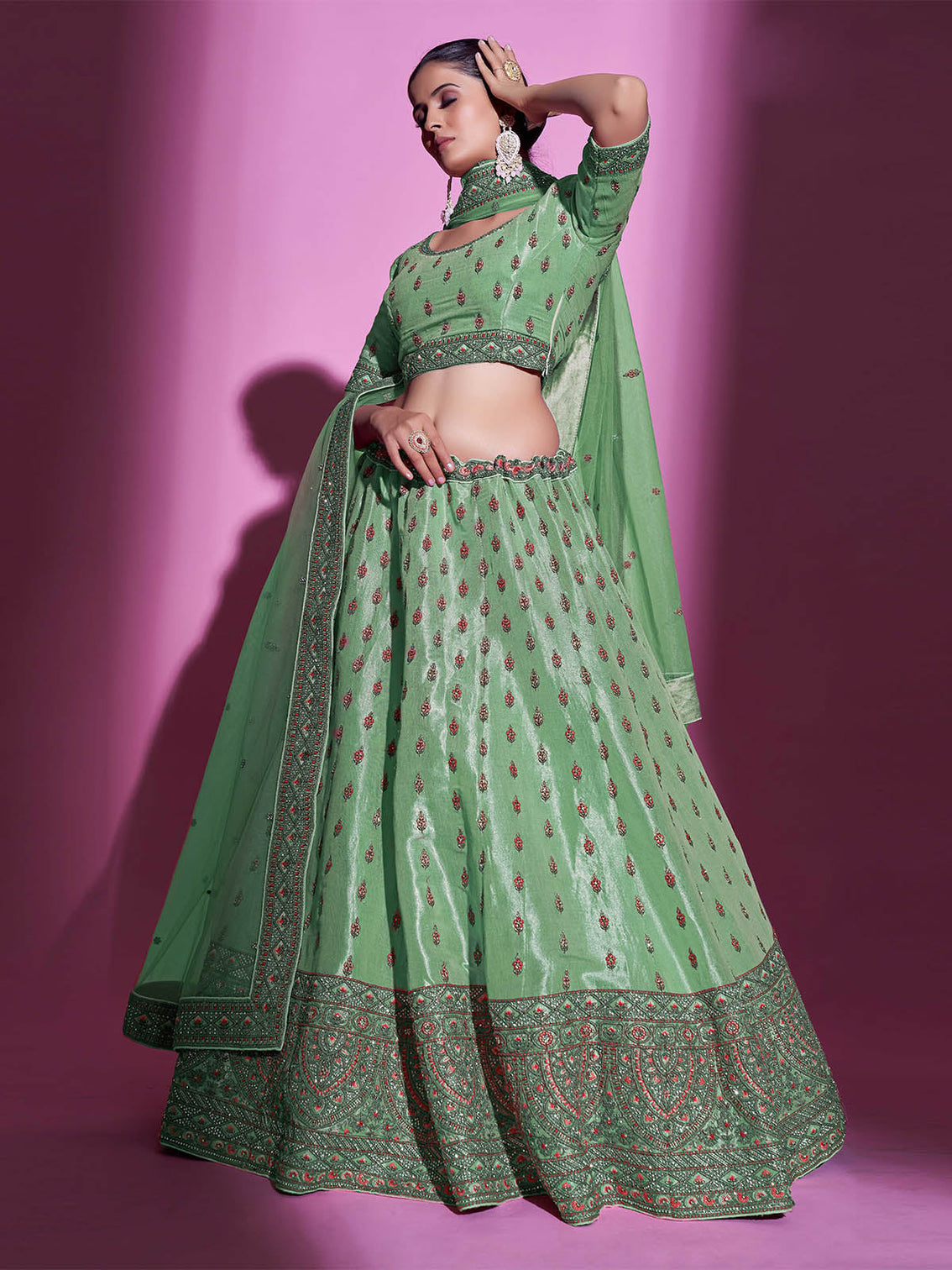 Green Silk Blend Embroidered Semi Stitched Lehenga With Unstitched Blouse