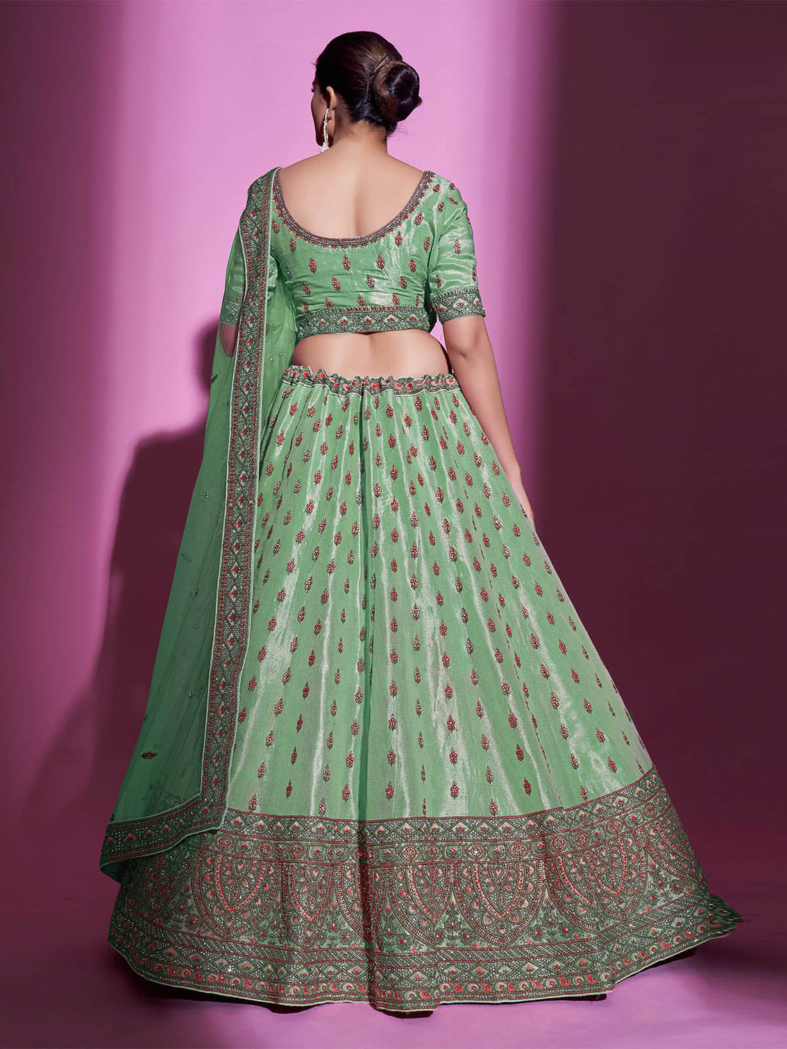 Green Silk Blend Embroidered Semi Stitched Lehenga With Unstitched Blouse