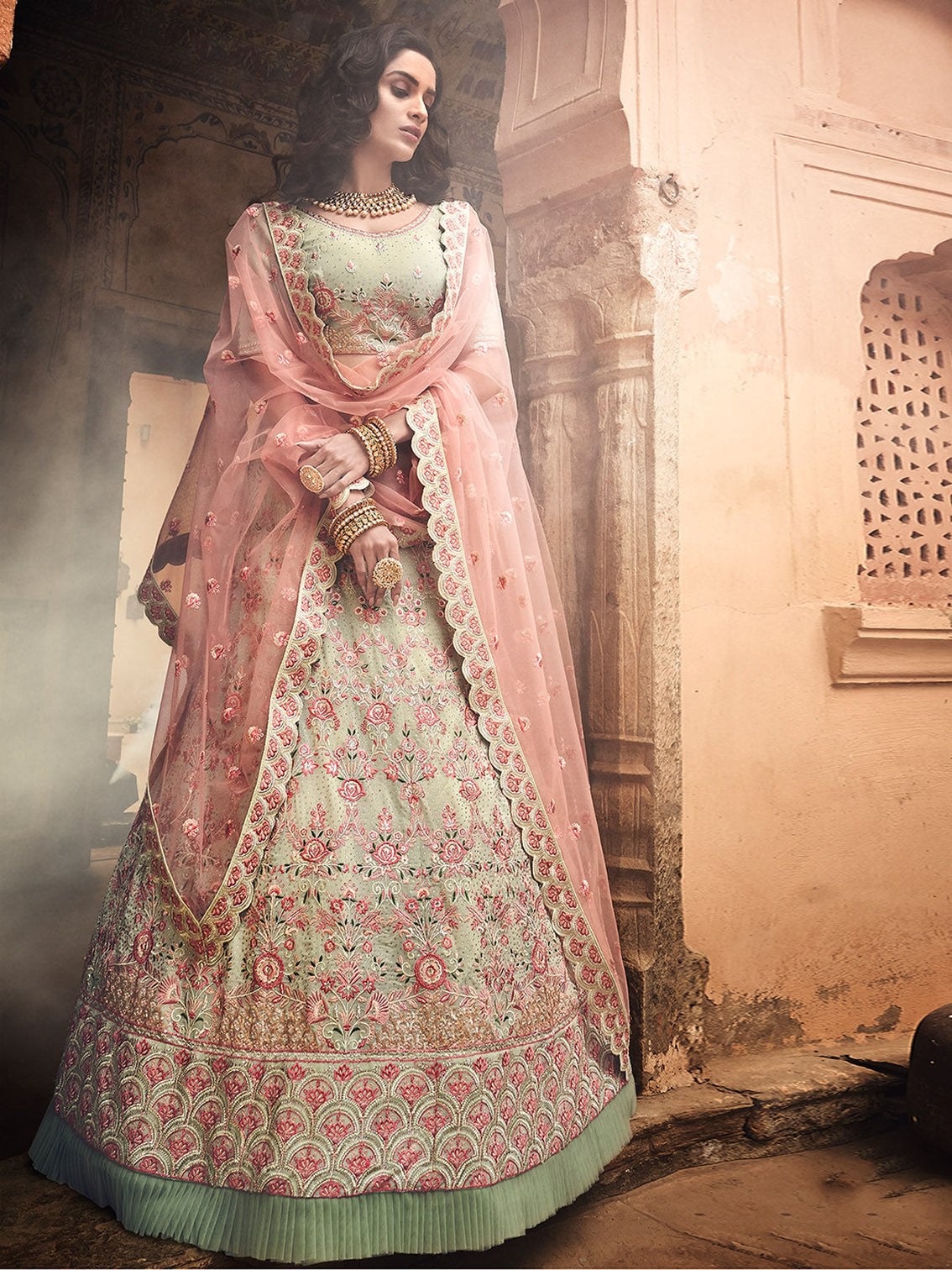 Beige Embroidered Georgette Semi Stitched Lehenga With Unstitched Blouse