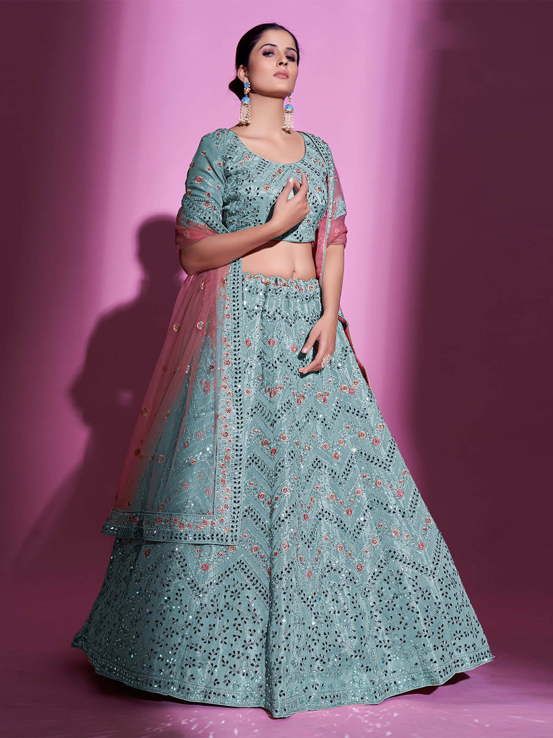 Blue Silk Blend Embroidered Semi Stitched Lehenga With Unstitched Blouse