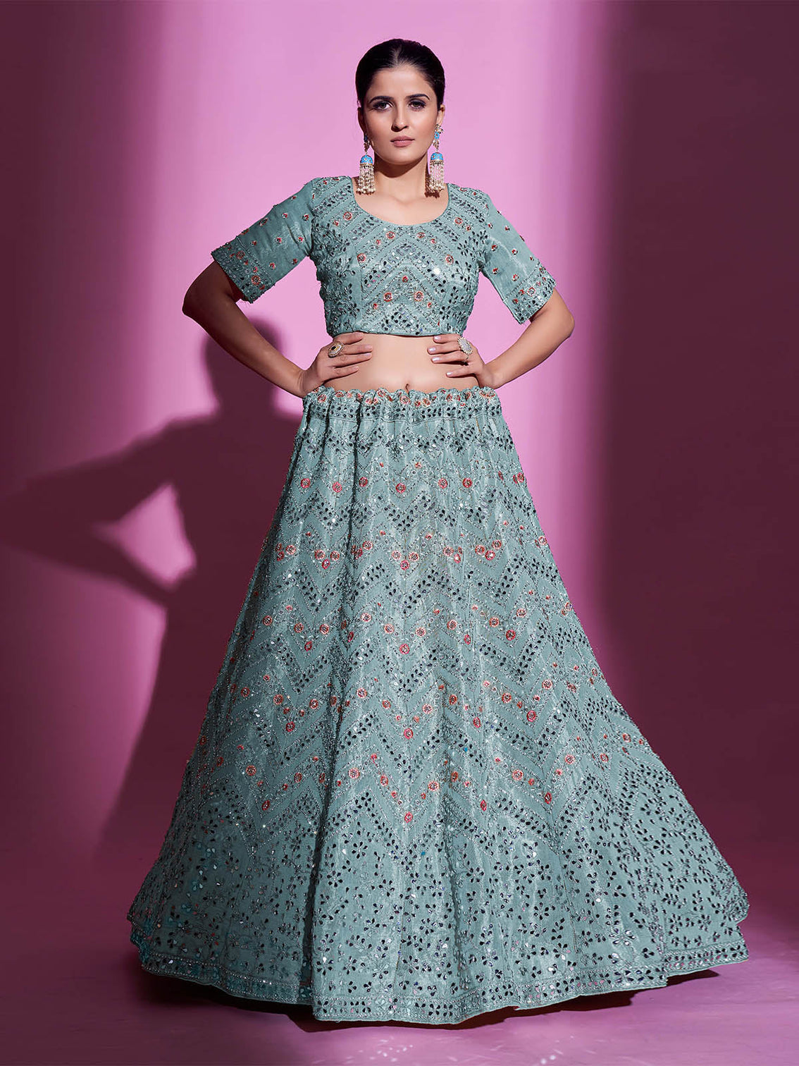 Blue Silk Blend Embroidered Semi Stitched Lehenga With Unstitched Blouse