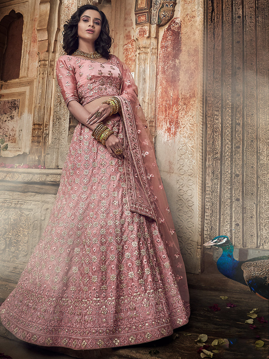 Pink Satin Semi Stitched Lehenga With Unstitched Blouse