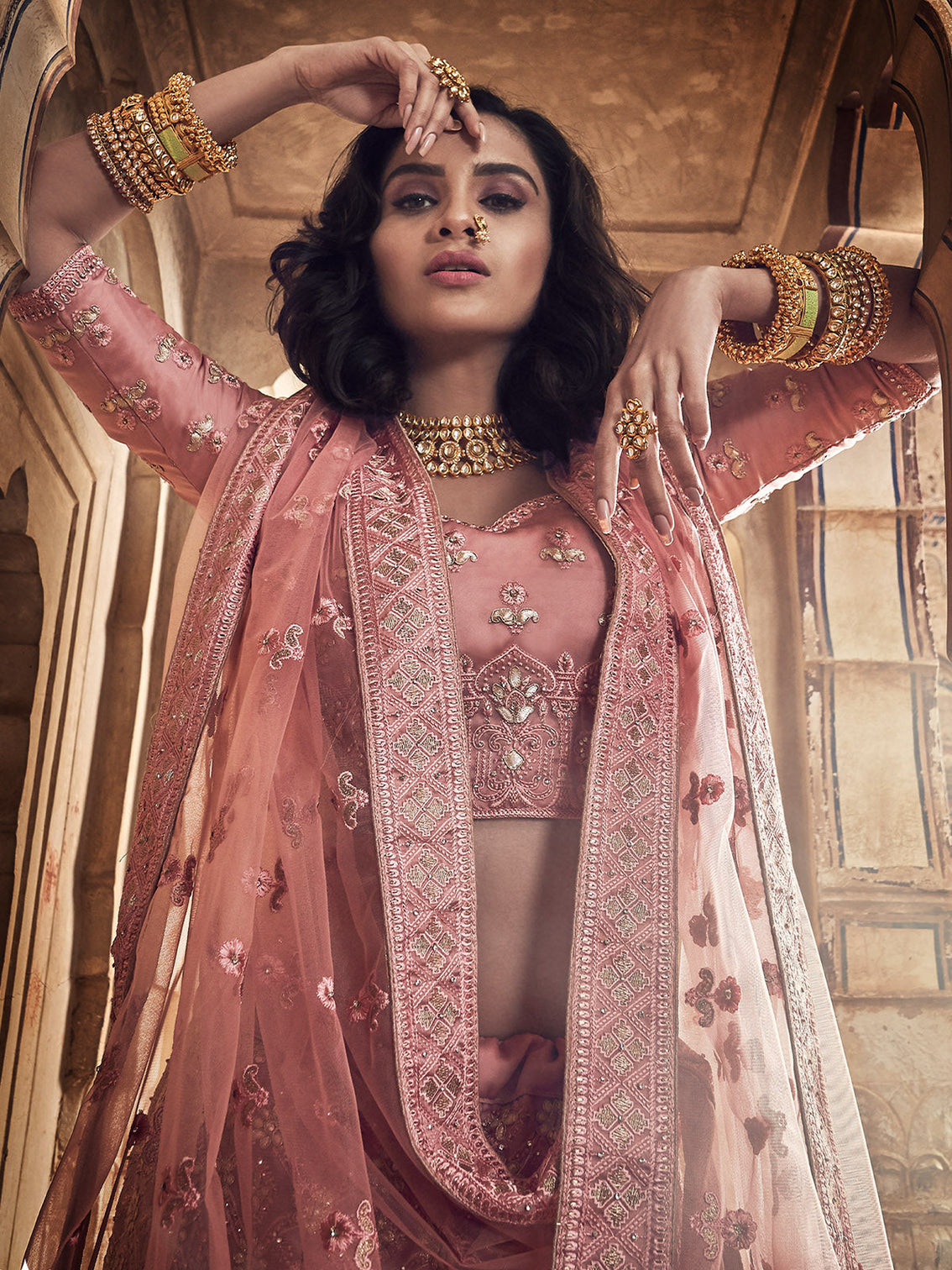 Pink Satin Semi Stitched Lehenga With Unstitched Blouse