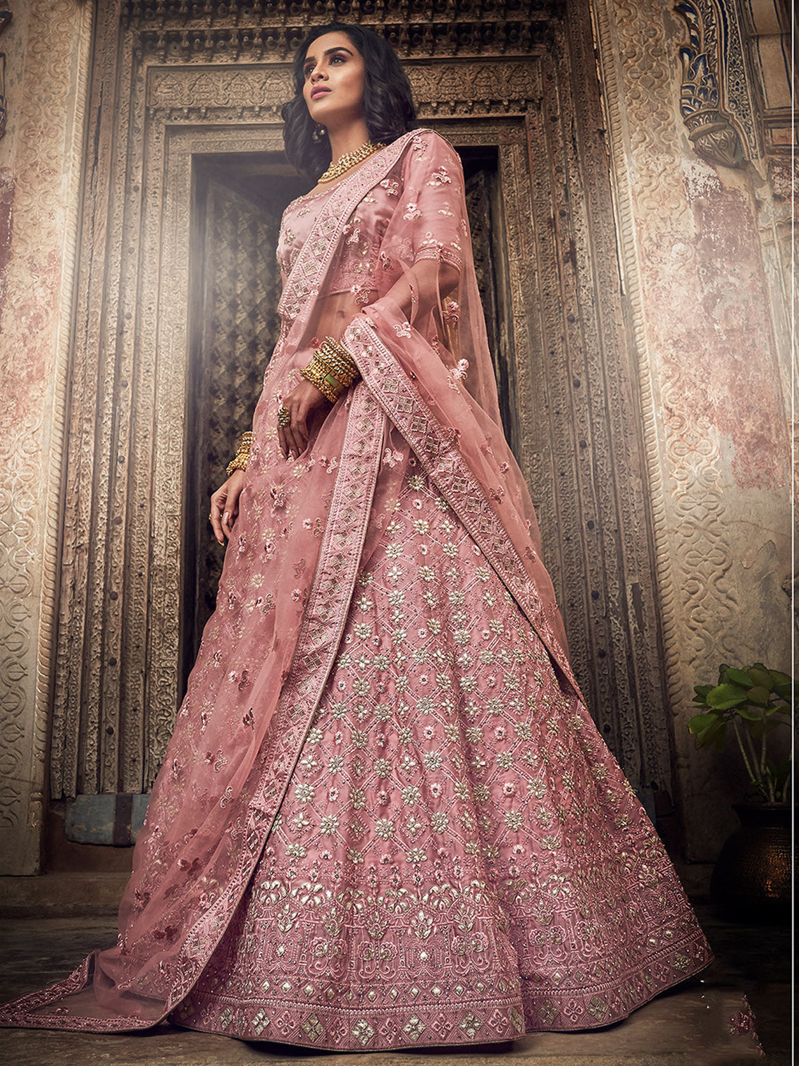 Pink Satin Semi Stitched Lehenga With Unstitched Blouse